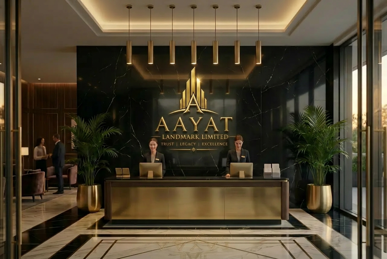 Aayat Landmark Limited — luxury reception with backlit gold logo on black marble